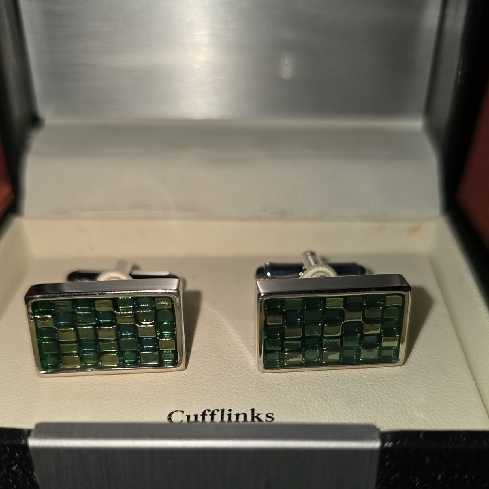 Geoffrey Beene Green and Silver Mosaic Cufflinks